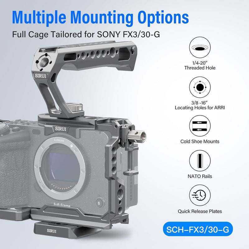 sirui Camera Cage Kit for Sony FX 3 FX30 with Top Handle Wrist Strap Cable Clamp for HDMI NATO Rail, QR Plate for Arca-Swiss, Modular Design Compatible with Sony XLR Handle, Grey - Image 2